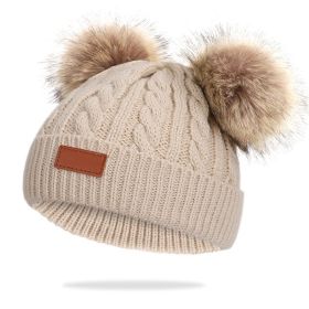 Cute Double Wool Pompom Baby Hat Children Cap Warm Autumn Winter Hats For Kids Boys Girls Knitted Warmer Beanie Caps Bonnet - Khaki - 0-3 Years