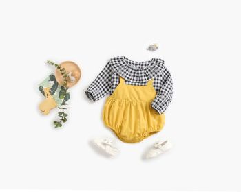 Baby Girl 1pcs Plaid Pattern False 2-Piece Design Ruffle Neck Onesies - 100 (2-3Y) - Yellow