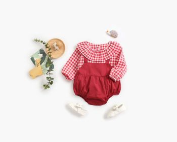 Baby Girl 1pcs Plaid Pattern False 2-Piece Design Ruffle Neck Onesies - 73 (6-9M) - Red