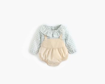 Baby Girl 1pcs Plaid Pattern False 2-Piece Design Ruffle Neck Onesies - 90 (12-24M) - Khaki