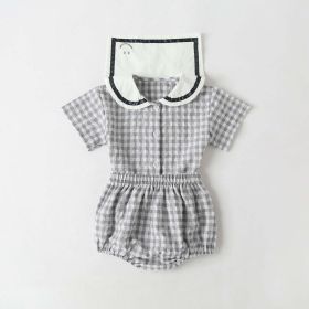 Baby Girl 1pcs Plaid Pattern Contrast Tape Lapel Design Combo Shorts Sets - 66 (3-6M) - Blue