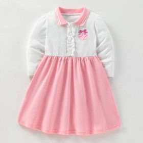 Baby Girl Bow Emrboidered Pattern Polo Neck Strried Dress - 130 (7-8Y) - Pink