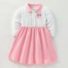 Baby Girl Bow Emrboidered Pattern Polo Neck Strried Dress - 90 (12-24M) - Pink