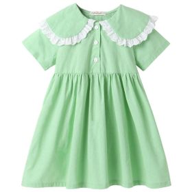 Girl Solid Color Lace Patchwork Design Doll-Neck Dress - 110 (3-5Y) - Green