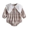 Baby Girl Plaid Pattern Lapel Design Long Sleeved Onesies - 66 (3-6M) - Coffee