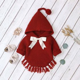 Baby Girl 1pcs Solid Color Big Bow Tie Patched Design Shawl Kniited Hoodies With Hat - 100 (2-3Y) - Red