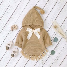 Baby Girl 1pcs Solid Color Big Bow Tie Patched Design Shawl Kniited Hoodies With Hat - 110 (3-5Y) - Brown