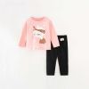 Baby Girl Cartoon Animal Pattern Tops Combo Solid Pants 2 Pieces Sets - 90 (12-24M) - Pink