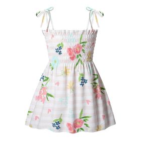 Baby Girl Flower & Fruit Graphic Shirred Design Sling Dress - 120 (5-7Y) - White