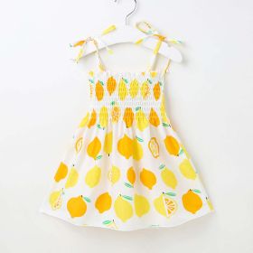 Baby Girl Flower & Fruit Graphic Shirred Design Sling Dress - 120 (5-7Y) - Light Yellow