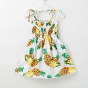 Baby Girl Flower & Fruit Graphic Shirred Design Sling Dress - 110 (3-5Y) - Beige