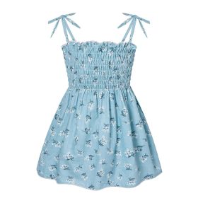 Baby Girl Flower & Fruit Graphic Shirred Design Sling Dress - 110 (3-5Y) - Blue