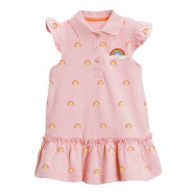 Baby Girl Bunny & Rainbow Graphic Quarter Button Ruffle Layered Dress - 140 (8-10Y) - Pink