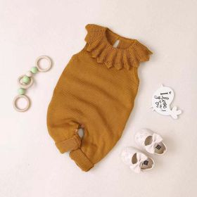 Baby Girl 1pcs Ruffle Neck Solid Color Sleeveless Crotch Design Knitted Rompers - 90 (12-24M) - Coffee