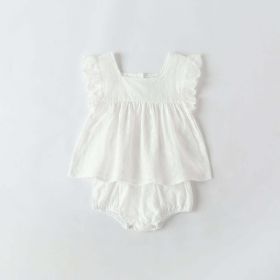 Baby Girl Solid Color Ruffle Design Square Neck Tops Combo Triangle Shorts 1 Pieces Sets - 80 (9-12M) - White