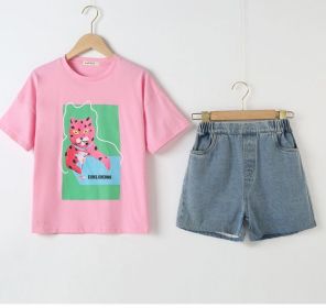 Baby Girl Animal Print T-Shirt Combo Denim Shorts 2-Pieces Sets - 140 (8-10Y) - Pink