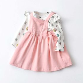 Baby Girl Cartoon Pattern Long Sleeve Tops Combo Solid Strap Dress Sets - 90 (12-24M)