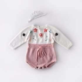 Baby Girl 1pc Floral Embroidered Graphic Contrast Design Head Knitted Belted Onesies - Pink - 66 (3-6M)