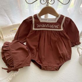 Baby Girl 1pcs Embroidered Pattern Lace Collar Square Neck Bodysuit With Hat - 73 (6-9M) - Brown