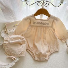 Baby Girl 1pcs Embroidered Pattern Lace Collar Square Neck Bodysuit With Hat - 90 (12-24M) - Apricot