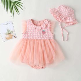 Baby Girl 1pcs Plaid Graphic Strawberry Embroidery Mesh Overlay Floral Neck Dress - 90 (12-24M) - Pink