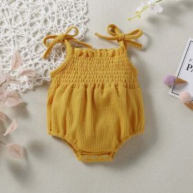 Baby Girl 1pcs Solid Colid Waffle Knitted Fabric Belted Sleeveless Onesies - 80 (9-12M) - Yellow