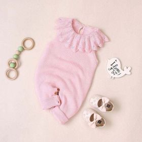 Baby Girl 1pcs Ruffle Neck Solid Color Sleeveless Crotch Design Knitted Rompers - 90 (12-24M) - Pink