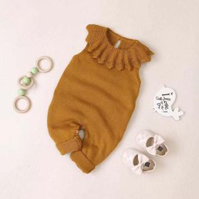 Baby Girl 1pcs Ruffle Neck Solid Color Sleeveless Crotch Design Knitted Rompers - 73 (6-9M) - Coffee