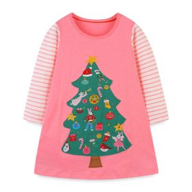 Baby Girl Cartoon Christmas Tree Pattern Striped Sleeve Design Princess Dress - 100 (2-3Y) - Pink