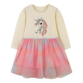 Baby Girl Unicorn Pattern Colorful Mesh Overlay Design Long Sleeve Princess Dress - 130 (7-8Y) - Beige