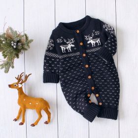 Baby Christmas Giraffe Pattern Style Knitted Romper - 90 (12-24M) - Navy Blue (Dark Blue)