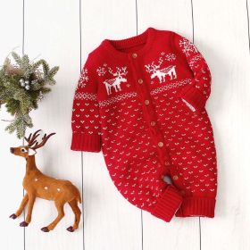 Baby Christmas Giraffe Pattern Style Knitted Romper - 90 (12-24M) - Red