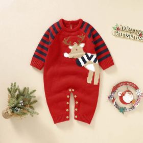 Baby Cartoon Elk Graphic Side Striped Sleeve Knitted Romper - 73 (6-9M) - Red