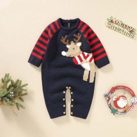 Baby Cartoon Elk Graphic Side Striped Sleeve Knitted Romper - 59 (0-3M) - Navy Blue (Dark Blue)