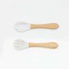 Baby Food Grade Wooden Handles Silicone Spoon Fork Cutlery - Average Size (0-8Y) - White