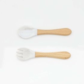 Baby Food Grade Wooden Handles Silicone Spoon Fork Cutlery - Average Size (0-8Y) - White