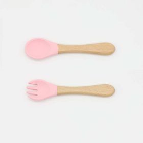 Baby Food Grade Wooden Handles Silicone Spoon Fork Cutlery - Average Size (0-8Y) - Pink