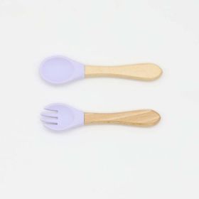 Baby Food Grade Wooden Handles Silicone Spoon Fork Cutlery - Average Size (0-8Y) - Purple