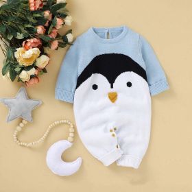 Baby Cartoon Penguin Graphic Long Sleeve Knitted Rompers - 73 (6-9M) - Blue