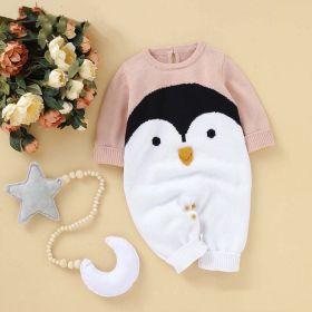 Baby Cartoon Penguin Graphic Long Sleeve Knitted Rompers - 100 (2-3Y) - Pink