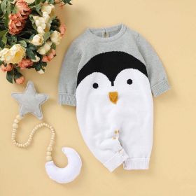 Baby Cartoon Penguin Graphic Long Sleeve Knitted Rompers - 90 (12-24M) - Grey