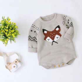 Baby Cartoon Fox Graphic Long Sleeves Triangle Knitted Romper Jumpsuit In Autumn - 90 (12-24M) - Grey