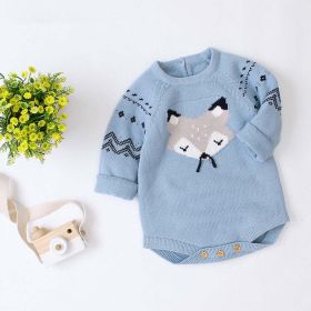 Baby Cartoon Fox Graphic Long Sleeves Triangle Knitted Romper Jumpsuit In Autumn - 80 (9-12M) - Blue