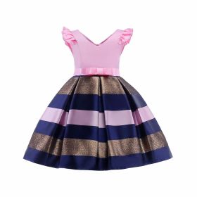 Baby Girl Striped Pattern V-Neck Western Style Formal Dress - 120 (5-7Y) - Pink