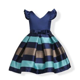 Baby Girl Striped Pattern V-Neck Western Style Formal Dress - 110 (3-5Y) - Blue