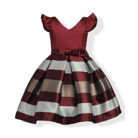 Baby Girl Striped Pattern V-Neck Western Style Formal Dress - 110 (3-5Y) - Red