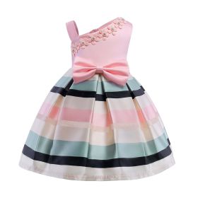 Baby Girl Floral Patched Pattern Striped Tutu Princess Dress One Shoulder Dress - 150 (10-12Y) - Light Pink