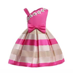 Baby Girl Floral Patched Pattern Striped Tutu Princess Dress One Shoulder Dress - 150 (10-12Y) - Pink