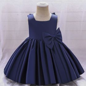 Baby Girl Solid Color Bow Patched Design Sleeveless Western Style Satin Dress - 100 (2-3Y) - Navy Blue (Dark Blue)