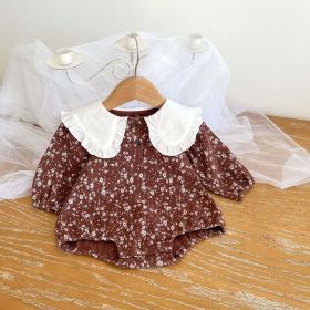 Baby Girl Floral Pattern Ruffle Lapel Design Bodysuit - 73 (6-9M) - Brown